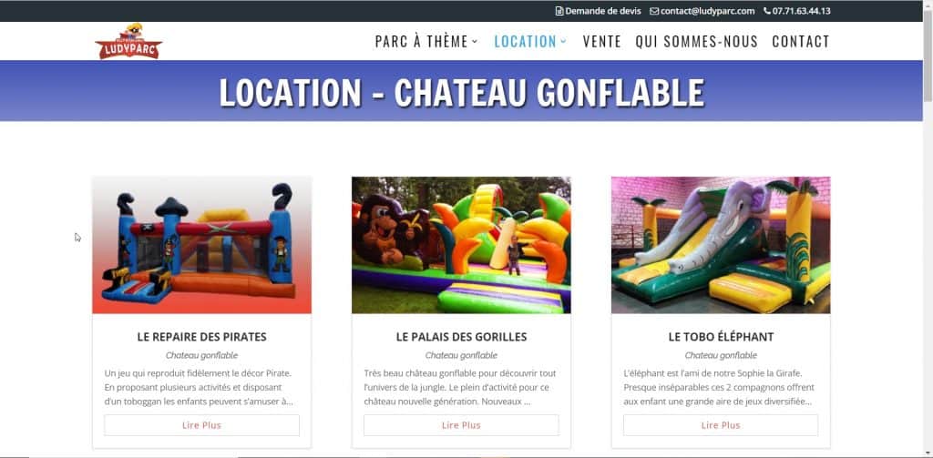 Site catalogue d'une entreprise de location de chateaux gonflables
